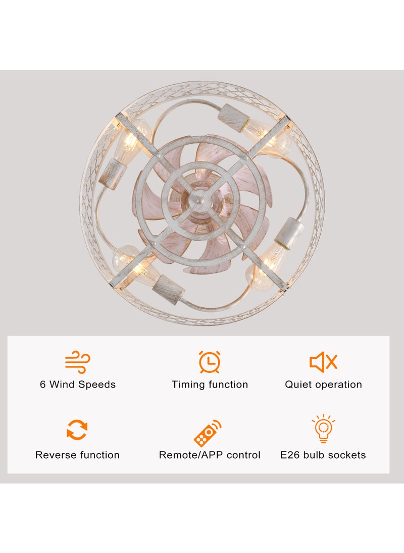 Ganeed - Caged Ceiling Fan with Light,20" Flush Mount Ceiling Fan with Remote,Bladeless Fandelier Ceiling Fans with Lights,Farmhouse Low Profile Ceiling Fan for Bedroom,Dining Room,White Gold Color - Image 1