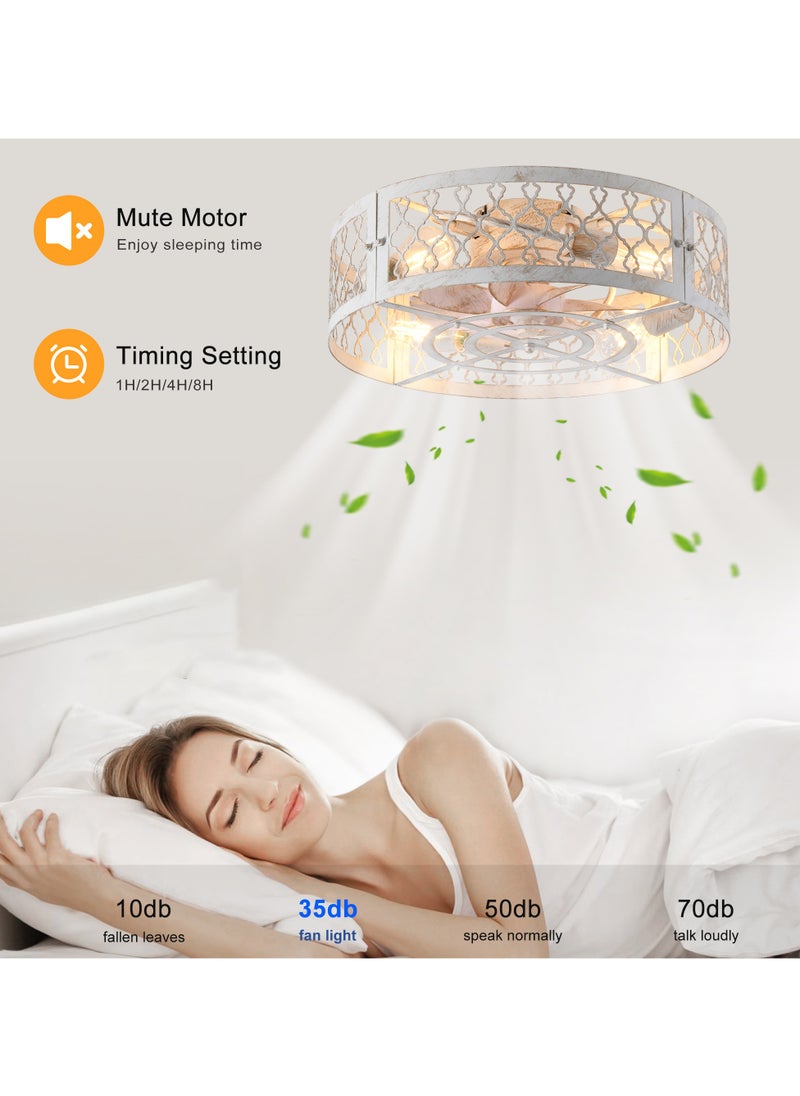 Ganeed - Caged Ceiling Fan with Light,20" Flush Mount Ceiling Fan with Remote,Bladeless Fandelier Ceiling Fans with Lights,Farmhouse Low Profile Ceiling Fan for Bedroom,Dining Room,White Gold Color - Image 1