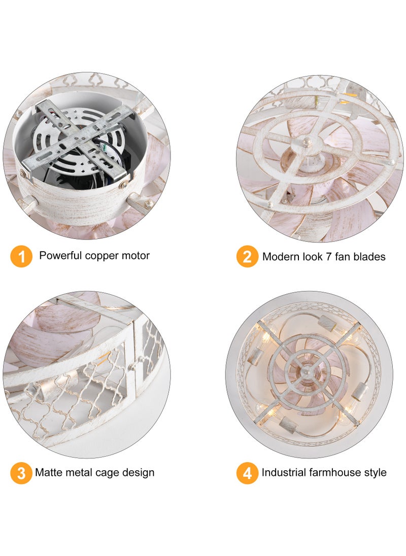Ganeed - Caged Ceiling Fan with Light,20" Flush Mount Ceiling Fan with Remote,Bladeless Fandelier Ceiling Fans with Lights,Farmhouse Low Profile Ceiling Fan for Bedroom,Dining Room,White Gold Color - Image 1