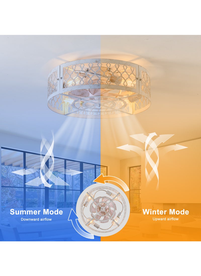 Ganeed - Caged Ceiling Fan with Light,20" Flush Mount Ceiling Fan with Remote,Bladeless Fandelier Ceiling Fans with Lights,Farmhouse Low Profile Ceiling Fan for Bedroom,Dining Room,White Gold Color - Image 1