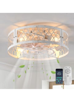 Ganeed Caged Ceiling Fan with Light,20" Flush Mount Ceiling Fan with Remote,Bladeless Fandelier Ceiling Fans with Lights,Farmhouse Low Profile Ceiling Fan for Bedroom,Dining Room,White Gold Color  - Image 1