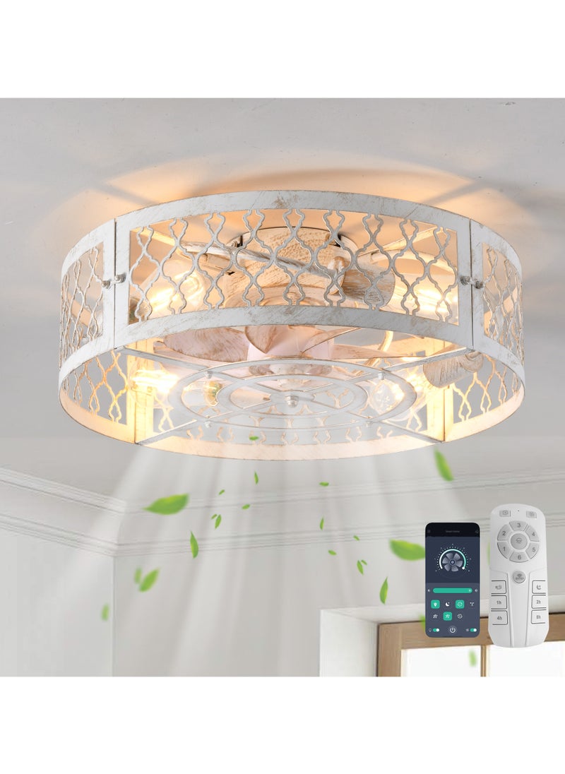 Ganeed - Caged Ceiling Fan with Light,20" Flush Mount Ceiling Fan with Remote,Bladeless Fandelier Ceiling Fans with Lights,Farmhouse Low Profile Ceiling Fan for Bedroom,Dining Room,White Gold Color - Image 1
