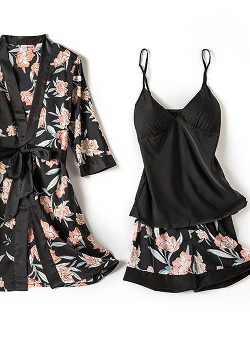 4pcs ice silk pajamas suspenders long sleeve thin silk printed pajamas set  - Image 3