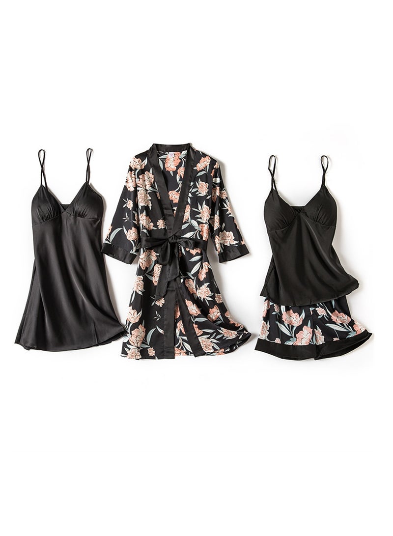 4pcs ice silk pajamas suspenders long sleeve thin silk printed pajamas set  - Image 1