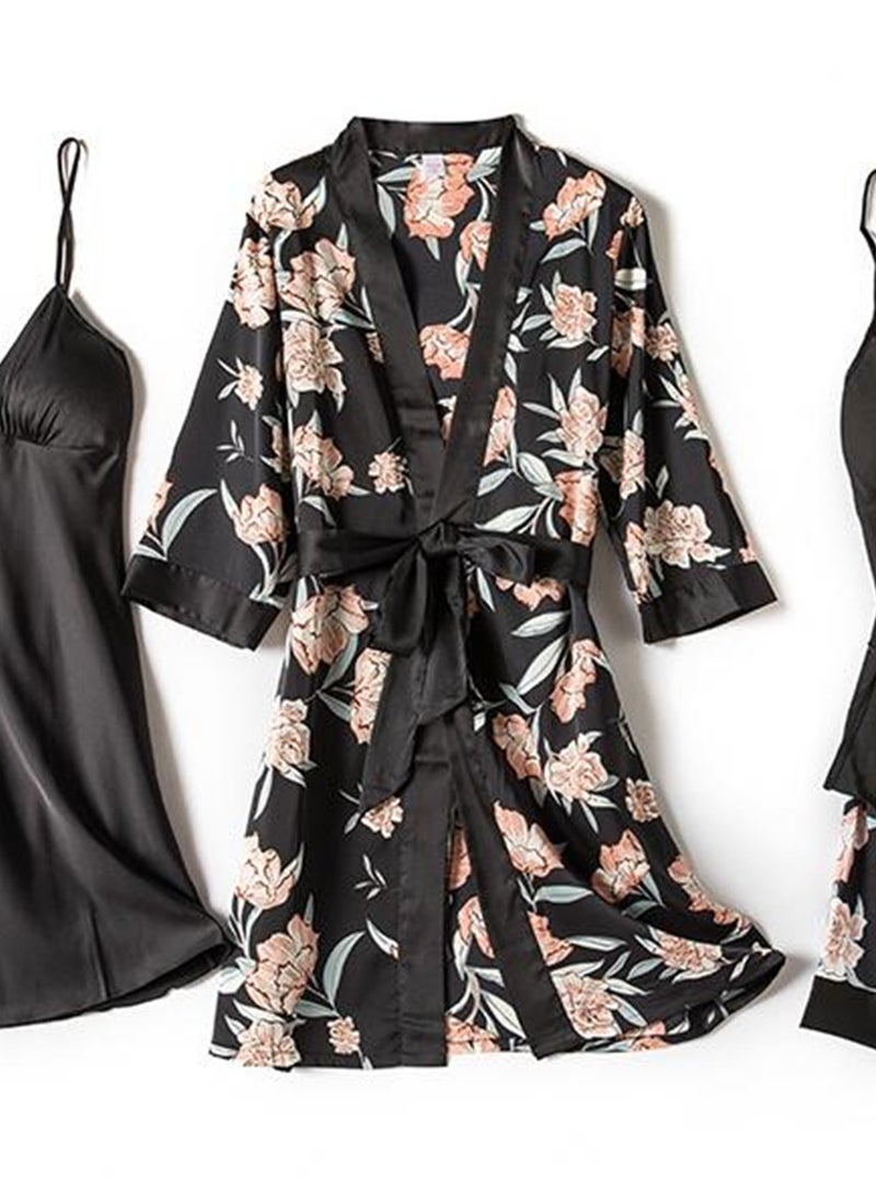 4pcs ice silk pajamas suspenders long sleeve thin silk printed pajamas set  - Image 4