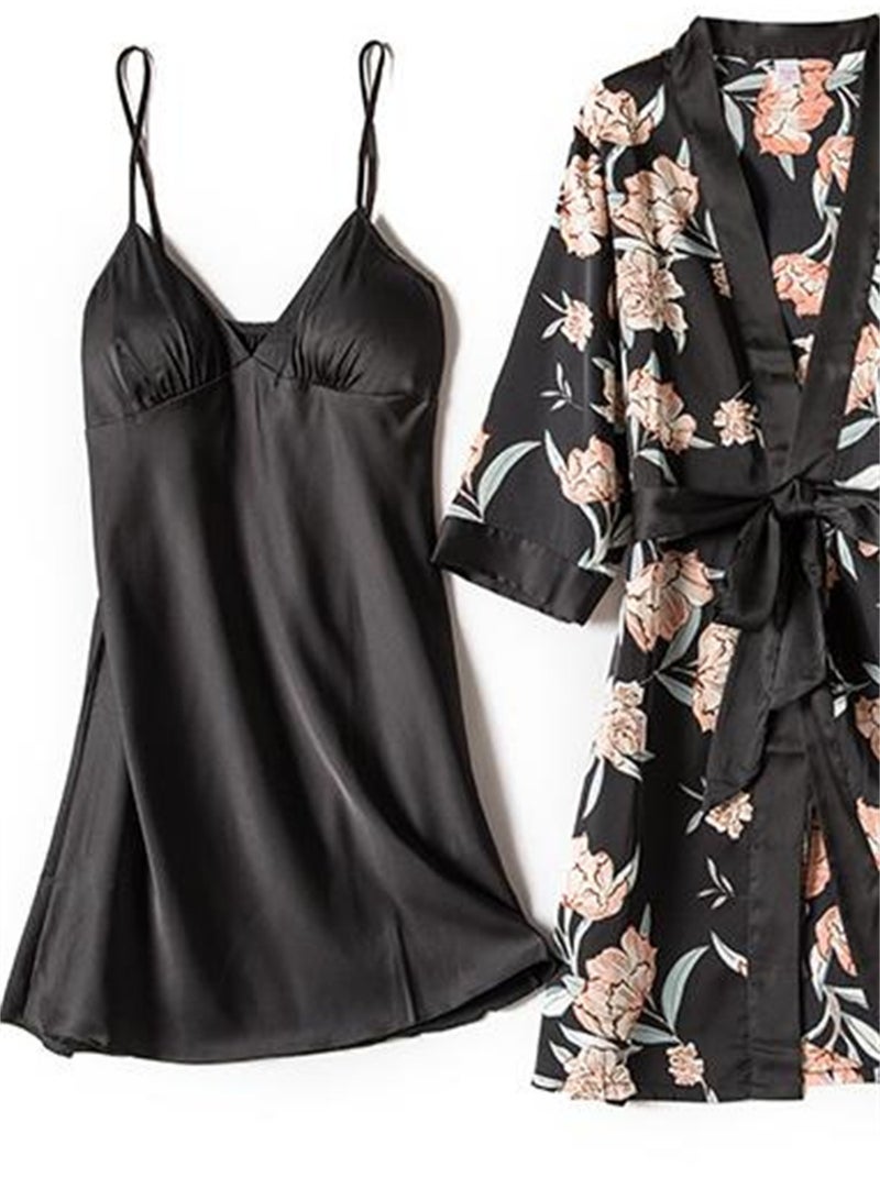 4pcs ice silk pajamas suspenders long sleeve thin silk printed pajamas set  - Image 2