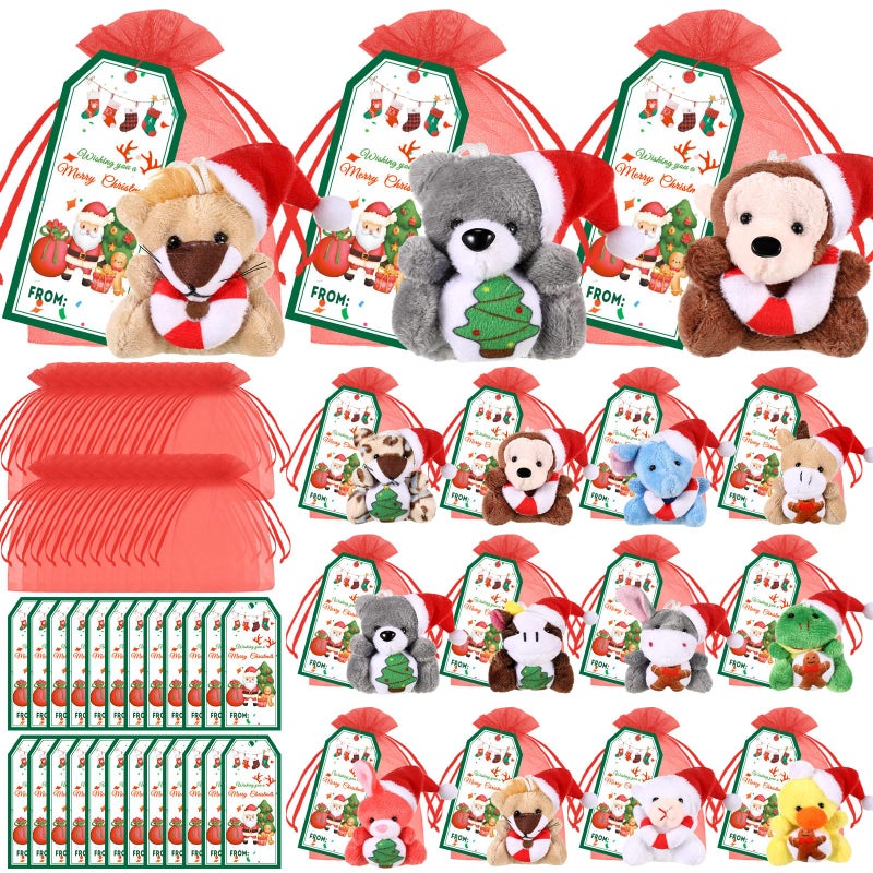 Wiwiqing 72 Pcs 24 Set Christmas Mini Stuffed Animals Toy with Xmas Cards and Gift Bags Tiny Christmas Keychain Animal Plush Toys for Xmas Party Favors Goodie Bag Filler Classroom Exchange Gift - Image 3