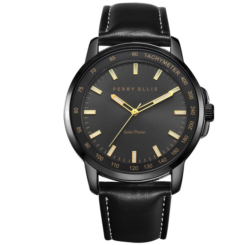Perry Ellis Solar Powered Mens Watch Vegan Leather WaterResistant Analog Wrist Watches for Men 43mm Case Aluminum Tachymeter Bezel Elegant Gift for Man Black - Image 2