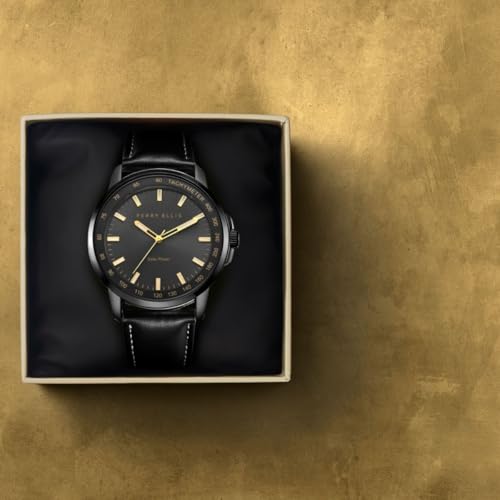 Perry Ellis Solar Powered Mens Watch Vegan Leather WaterResistant Analog Wrist Watches for Men 43mm Case Aluminum Tachymeter Bezel Elegant Gift for Man Black - Image 3