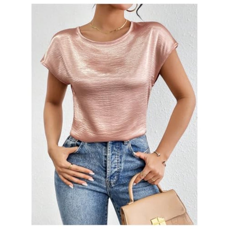 SweatyRocks Women's Crew Neck Satin Blouse Cap Short Sleeve Party Blouse Shirts Tops - Image 5