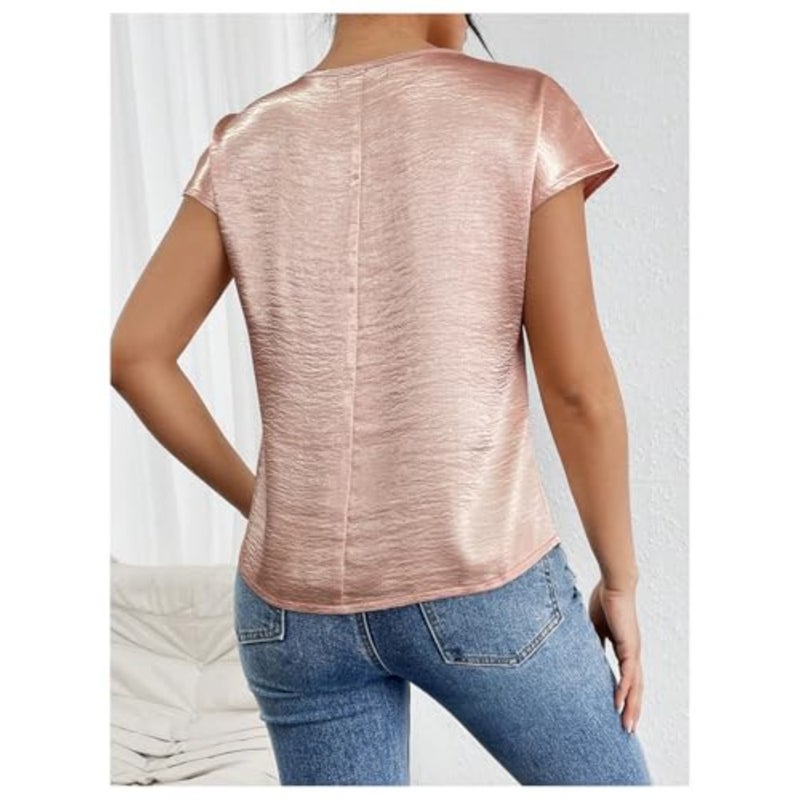 SweatyRocks Women's Crew Neck Satin Blouse Cap Short Sleeve Party Blouse Shirts Tops - Image 2