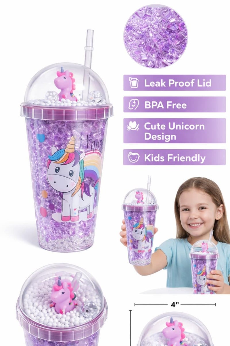 miRim Acrylic Frosty Tumbler/Mason Jar/Ice Cup with Lid and Straw 350ml (Unicorn Print) (Purple) - Image 4