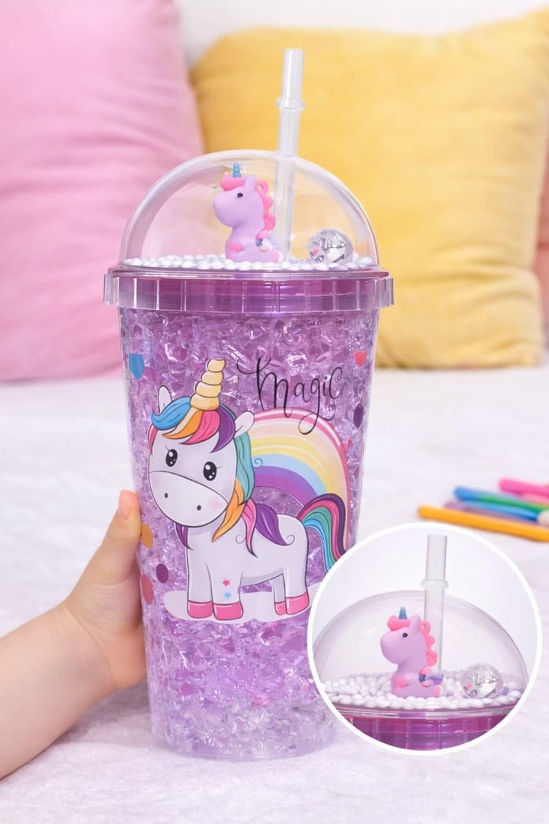 miRim Acrylic Frosty Tumbler/Mason Jar/Ice Cup with Lid and Straw 350ml (Unicorn Print) (Purple) - Image 2