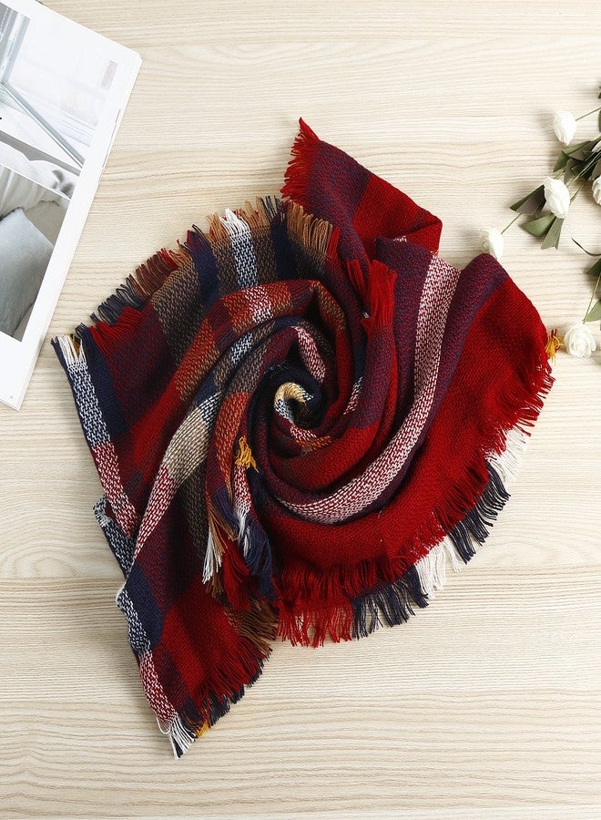 Wander Agio Womens Winter Head Hair Wraps Circle Scarves Warm Plaid Scarf Wine Red 16 - Image 4