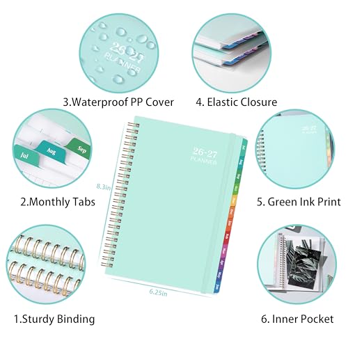 Tersus 2026-2027 Academic Planner - Jul 2026-Jun 2027 Weekly & Monthly with Tabs, 6.4"x8.5" Thick Paper Waterproof Cover Back Pocket Twin-Wire Binding - Green - Image 2