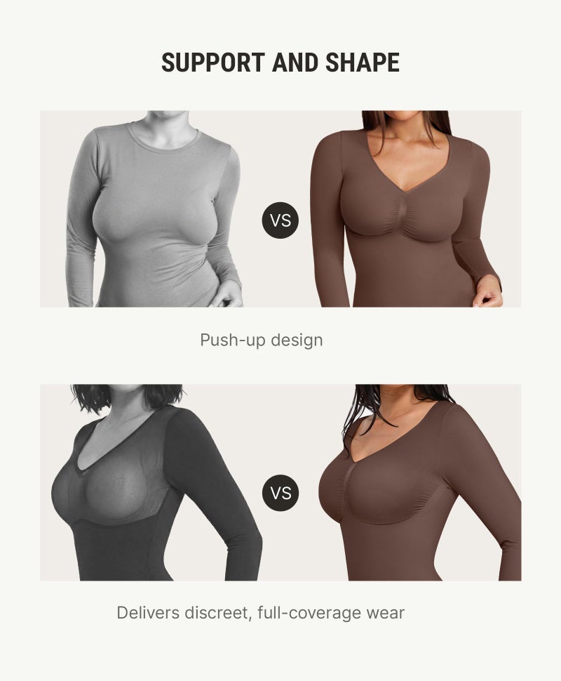 FeelinGirl Long Sleeve Body Suits Womens V Neck Tummy Control Bodysuit Thong Basic Shaping Tops Chocolate M - Image 4