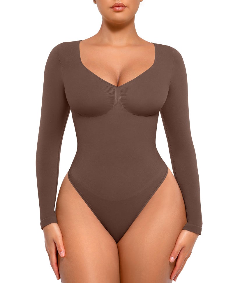 FeelinGirl Long Sleeve Body Suits Womens V Neck Tummy Control Bodysuit Thong Basic Shaping Tops Chocolate M - Image 1