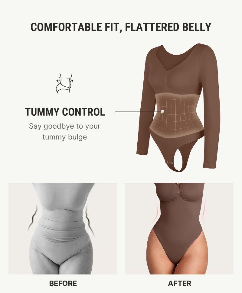 FeelinGirl Long Sleeve Body Suits Womens V Neck Tummy Control Bodysuit Thong Basic Shaping Tops Chocolate M - Image 3