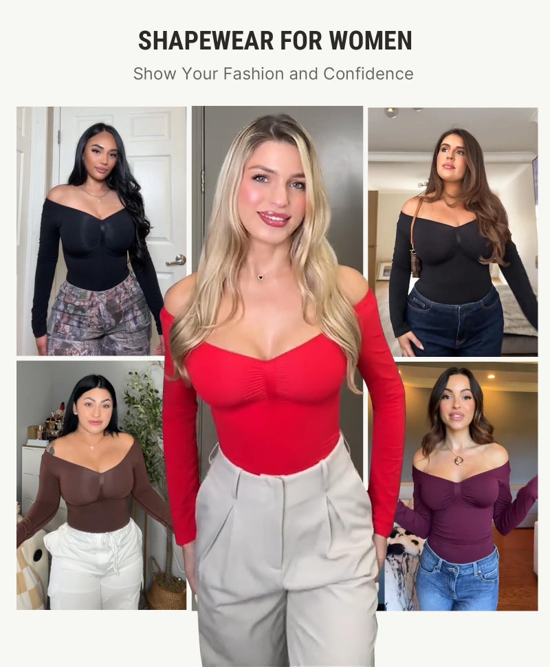FeelinGirl Long Sleeve Body Suits Womens V Neck Tummy Control Bodysuit Thong Basic Shaping Tops Chocolate M - Image 5