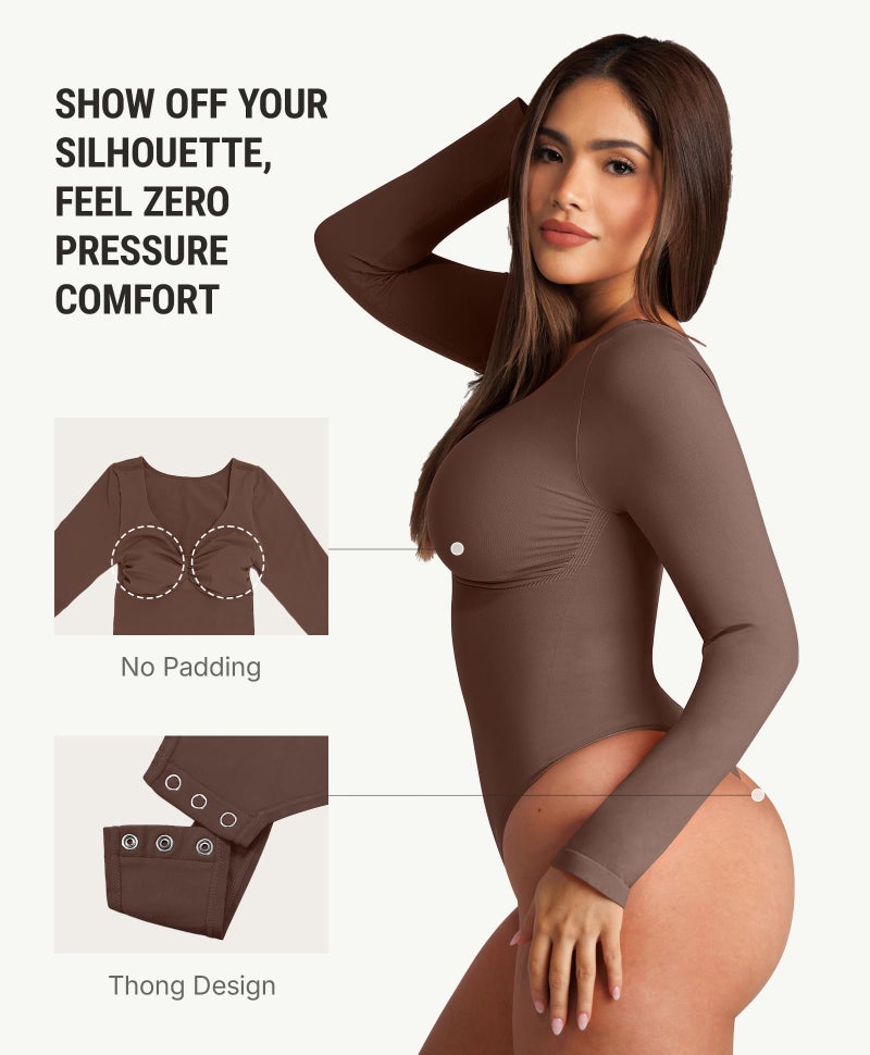 FeelinGirl Long Sleeve Body Suits Womens V Neck Tummy Control Bodysuit Thong Basic Shaping Tops Chocolate M - Image 2