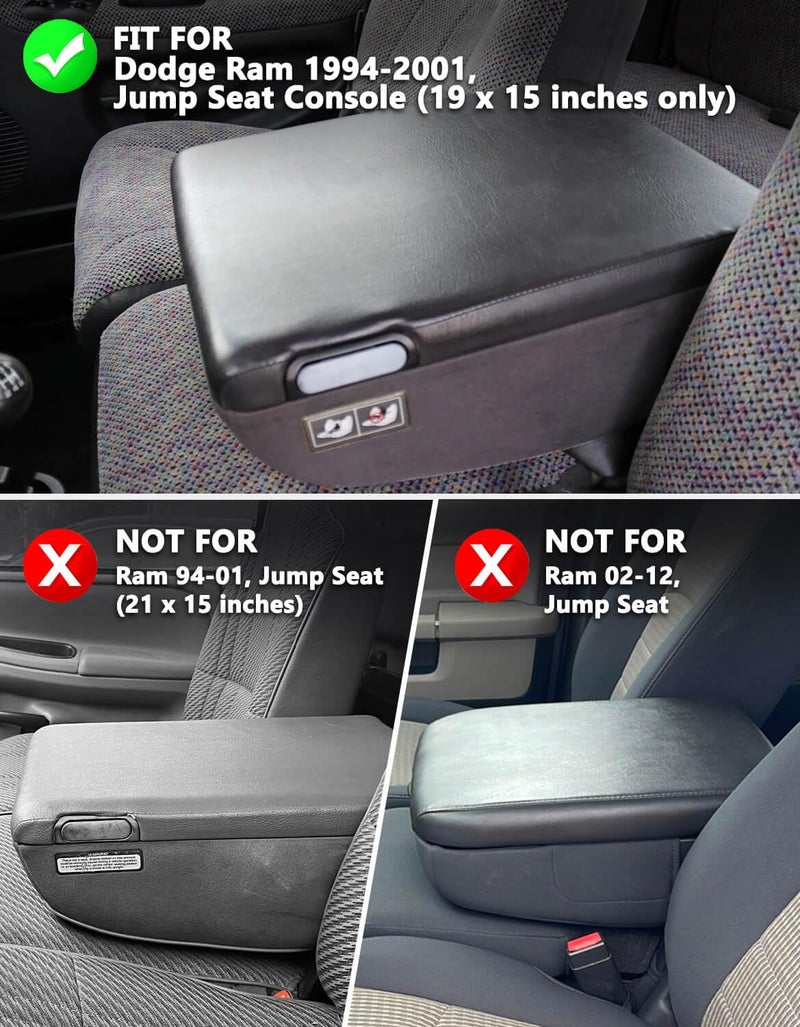 KBH Center Console Armrest Cover for Dodge Ram 1500 2500 3500 1994-2001, 19"x15" Jump Seat, Vinyl Leather Interior Accessories, Anti-Scratch, Black - Image 2