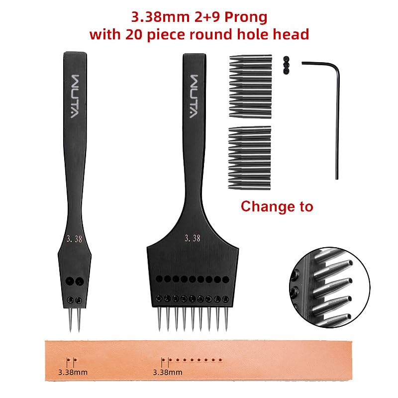 WUTA Sharp Head Replaceable Pricking Iron Removable Circle Leather Hole Punch Lacing Stitching Professional Working Hand Tool Kit 2nd Generation 3.38mm-(2+9) - Image 2