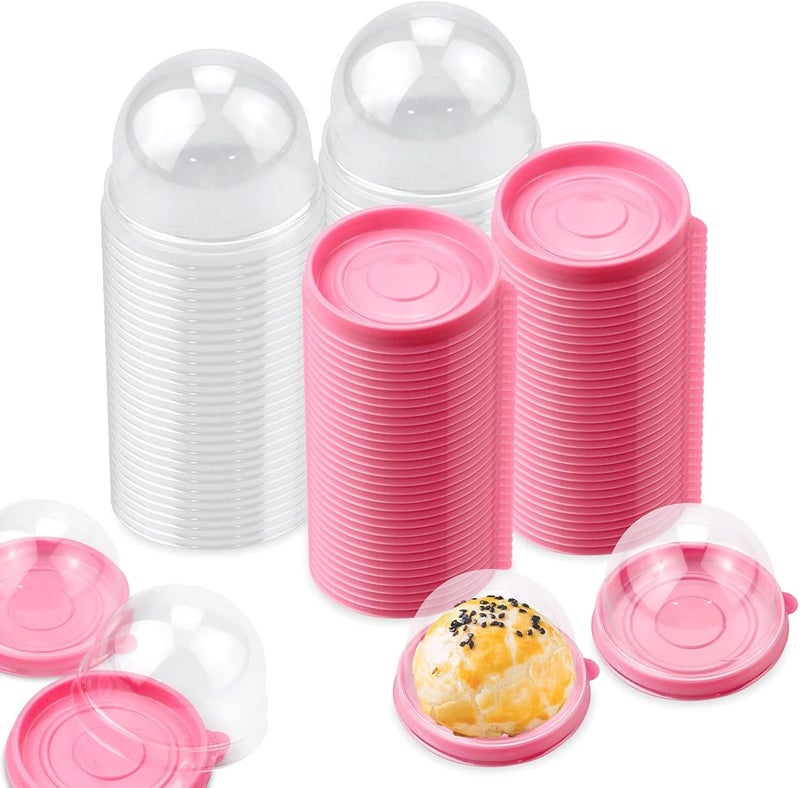 PRALB 100 Set 2.75x2.75x2 inch Mini Cupcake Boxes Clear Plastic Muffin Pod Dome Muffin Single Container Box Wedding Birthday Gifts Supplies for Cheese Pastry Dessert Mooncake (round, pink) - Image 1