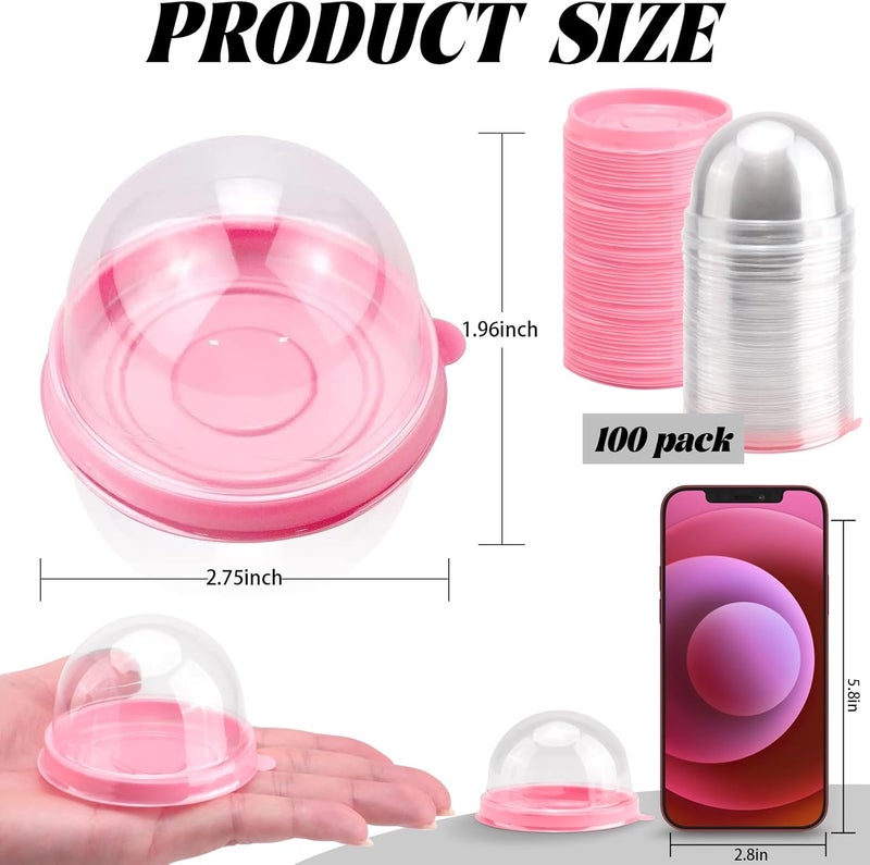 PRALB 100 Set 2.75x2.75x2 inch Mini Cupcake Boxes Clear Plastic Muffin Pod Dome Muffin Single Container Box Wedding Birthday Gifts Supplies for Cheese Pastry Dessert Mooncake (round, pink) - Image 2