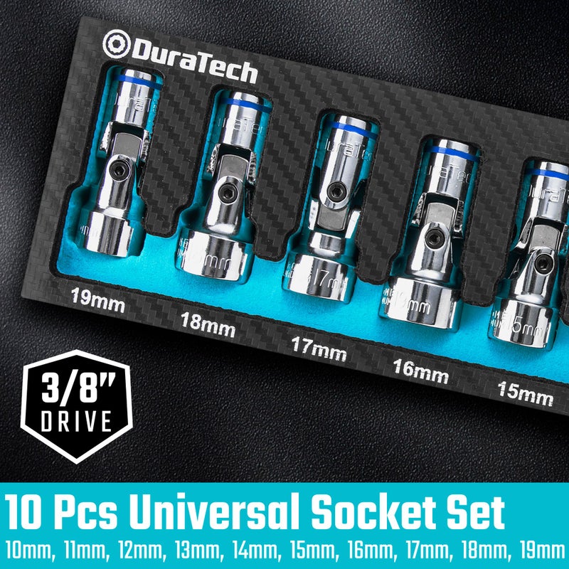 DURATECH 3/8" Drive Universal Joint Socket Set, Swivel Socket Set, 10-Piece, Metric, Size Covers 10-19mm, CR-V Steel, Organized in EVA Foam Organizer - Image 2