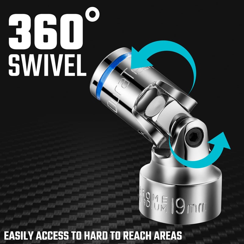 DURATECH 3/8" Drive Universal Joint Socket Set, Swivel Socket Set, 10-Piece, Metric, Size Covers 10-19mm, CR-V Steel, Organized in EVA Foam Organizer - Image 3