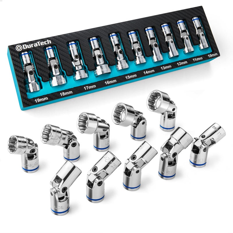 DURATECH 3/8" Drive Universal Joint Socket Set, Swivel Socket Set, 10-Piece, Metric, Size Covers 10-19mm, CR-V Steel, Organized in EVA Foam Organizer - Image 1