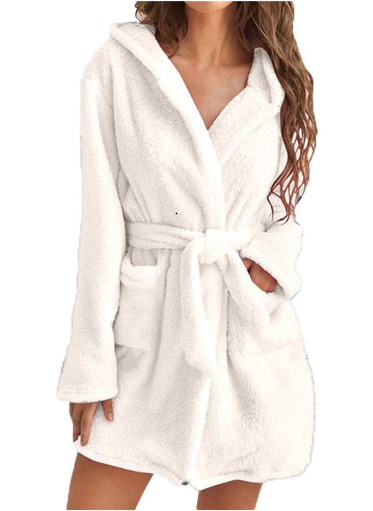 RATSAW Women Hooded Bathrobe Fleece Lightweight Soft Plush Flannel Sleepwear Fleece Hooded Bathrobes Night Sleepwear Women's Mid Length Plush Robe  - Image 1