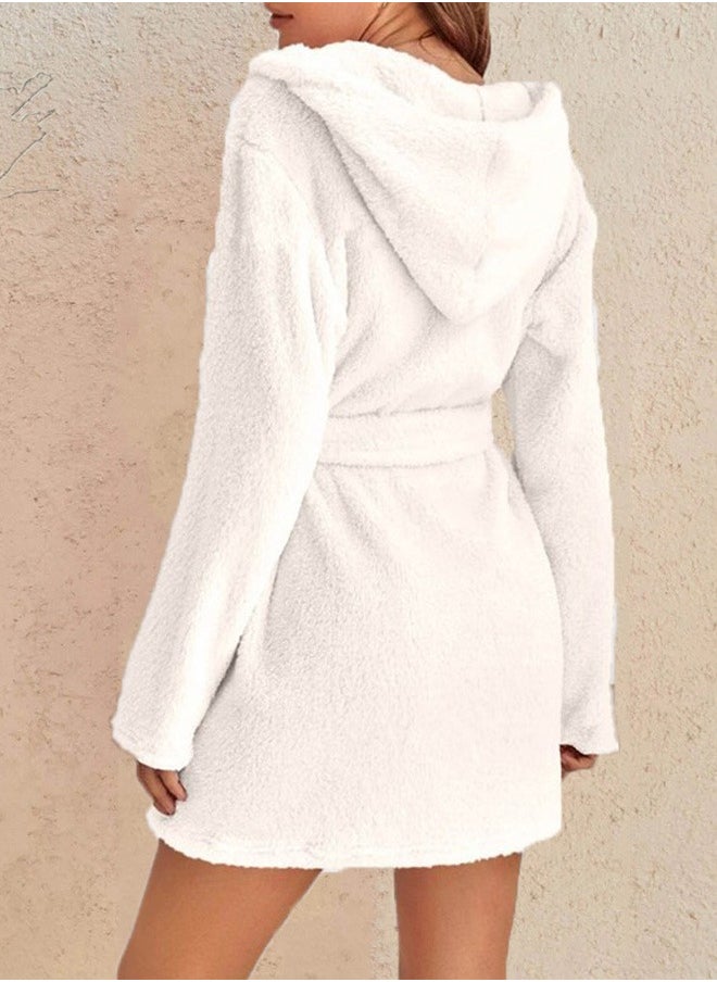 RATSAW Women Hooded Bathrobe Fleece Lightweight Soft Plush Flannel Sleepwear Fleece Hooded Bathrobes Night Sleepwear Women's Mid Length Plush Robe  - Image 2