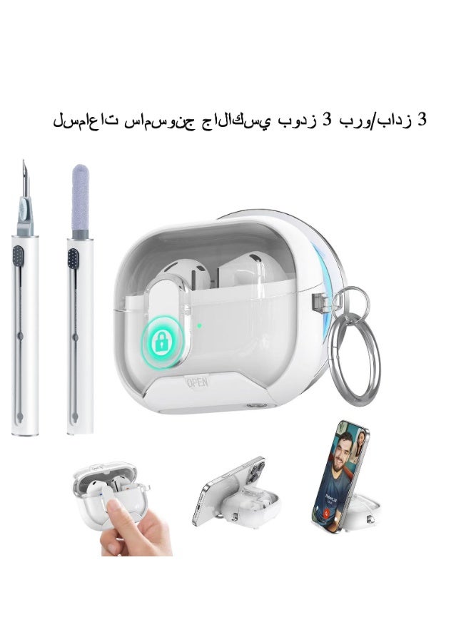 Compatible with Samsung Galaxy Buds 3 Pro/Buds 3 Case with Phone Stand,Full Drop Protection Automatic Snap Switch Design with Cleaner Kit -White - Image 1