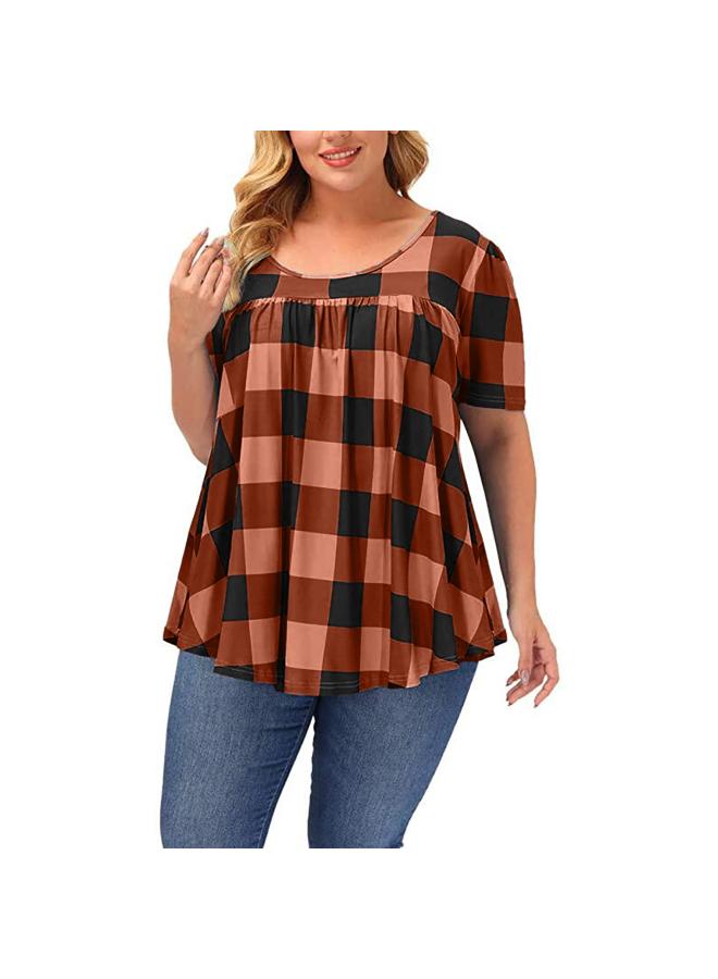 Summer European And American Plaid Printed Crewneck Loosen Milk Silk Large Size Top Women's Wear