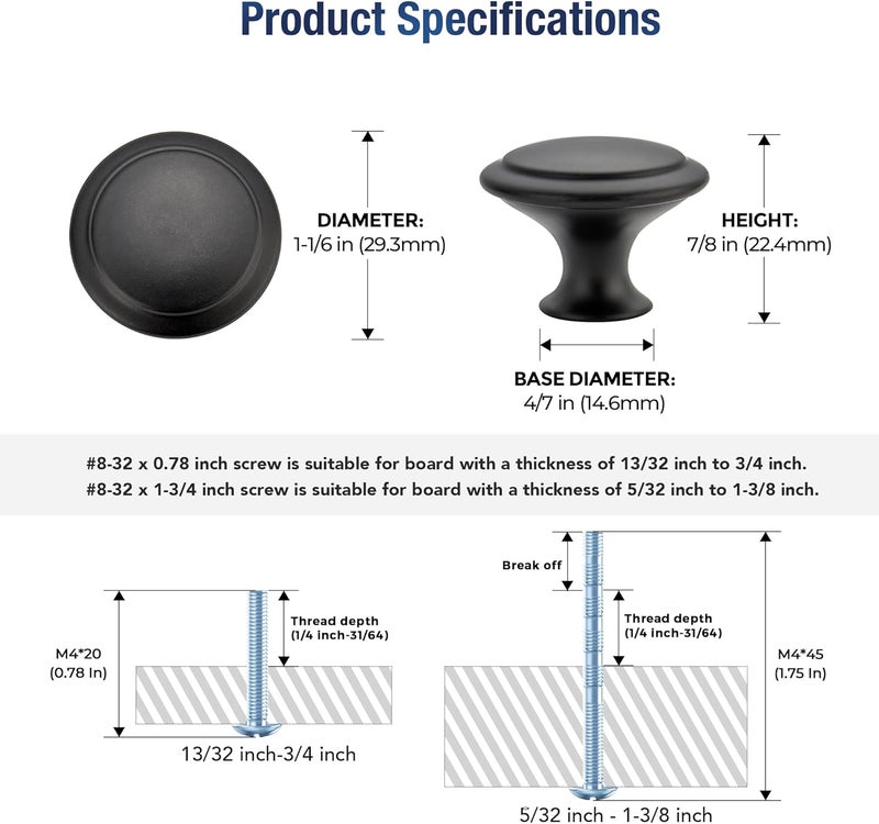JOY DECOR 18 Pack Matte Black Cabinet Drawer Hardware 30mm Kitchen Cabinet Knobs Drawer Pulls with Installation Screws for Dressers Kitchens Cupboard - Image 3