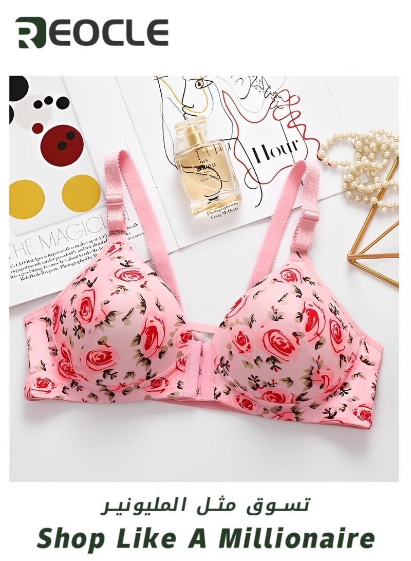 REOCLE Women's Front Close Bra with Rose Print Wirefree Soft Cotton Bra Back Support Posture Full Coverage Bra for Women Daily Wear - Image 3