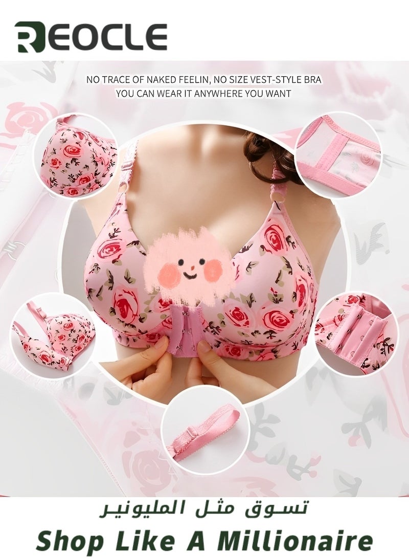 REOCLE Women's Front Close Bra with Rose Print Wirefree Soft Cotton Bra Back Support Posture Full Coverage Bra for Women Daily Wear - Image 2