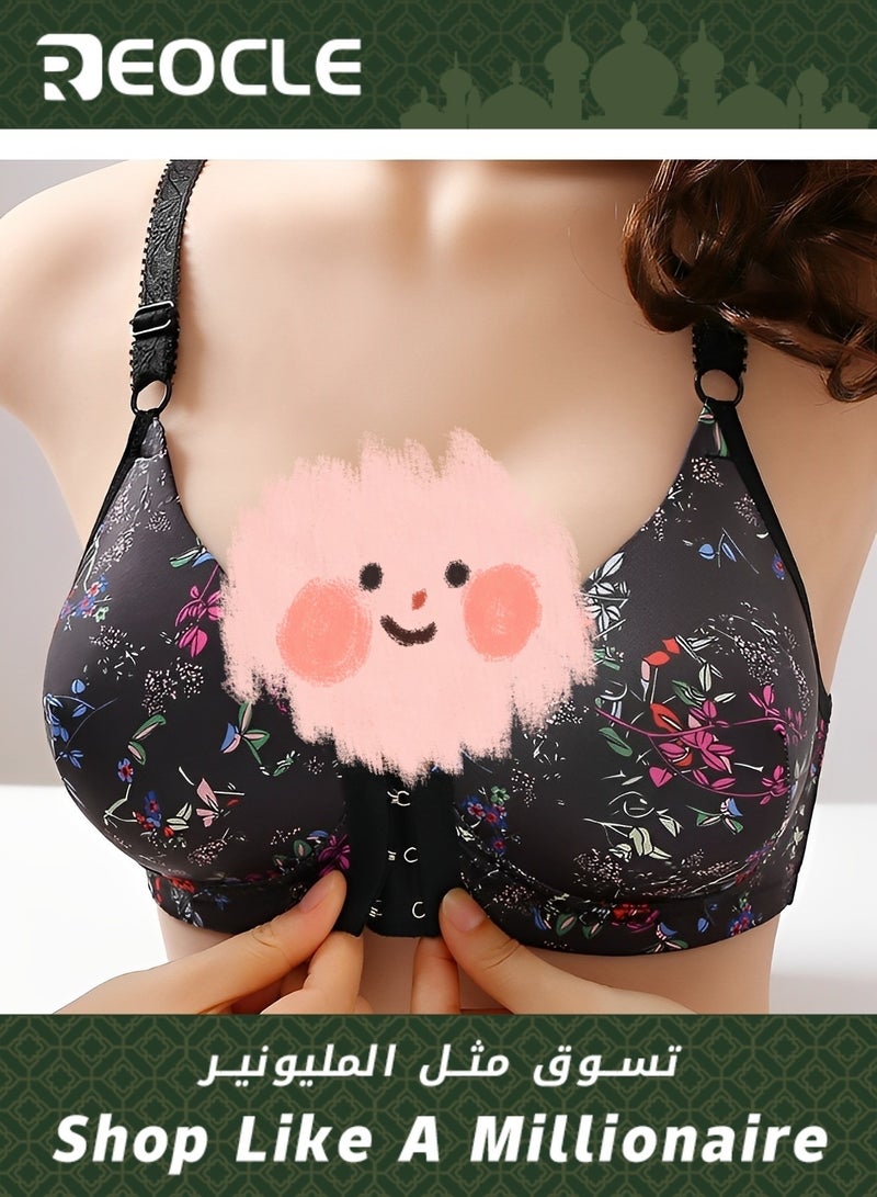 REOCLE Women's Front Close Bra with Rose Print Wirefree Soft Cotton Bra Back Support Posture Full Coverage Bra for Women Daily Wear - Image 1