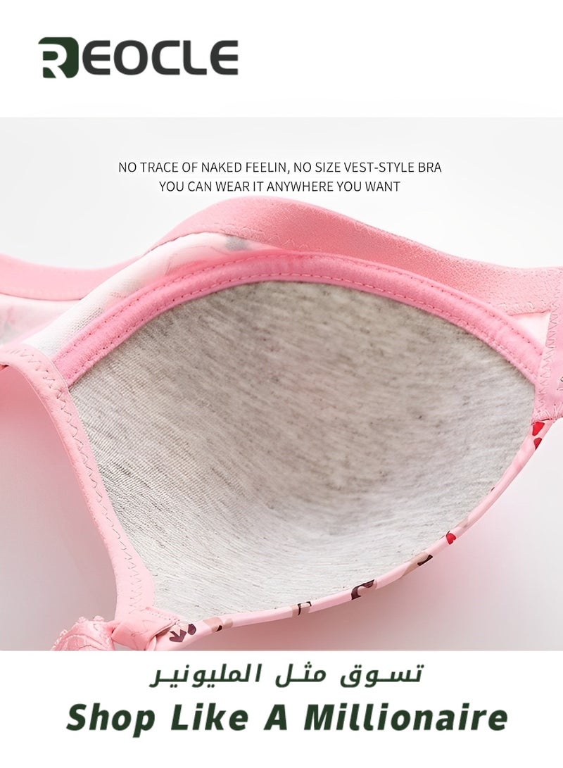 REOCLE Women's Front Close Bra with Rose Print Wirefree Soft Cotton Bra Back Support Posture Full Coverage Bra for Women Daily Wear - Image 4