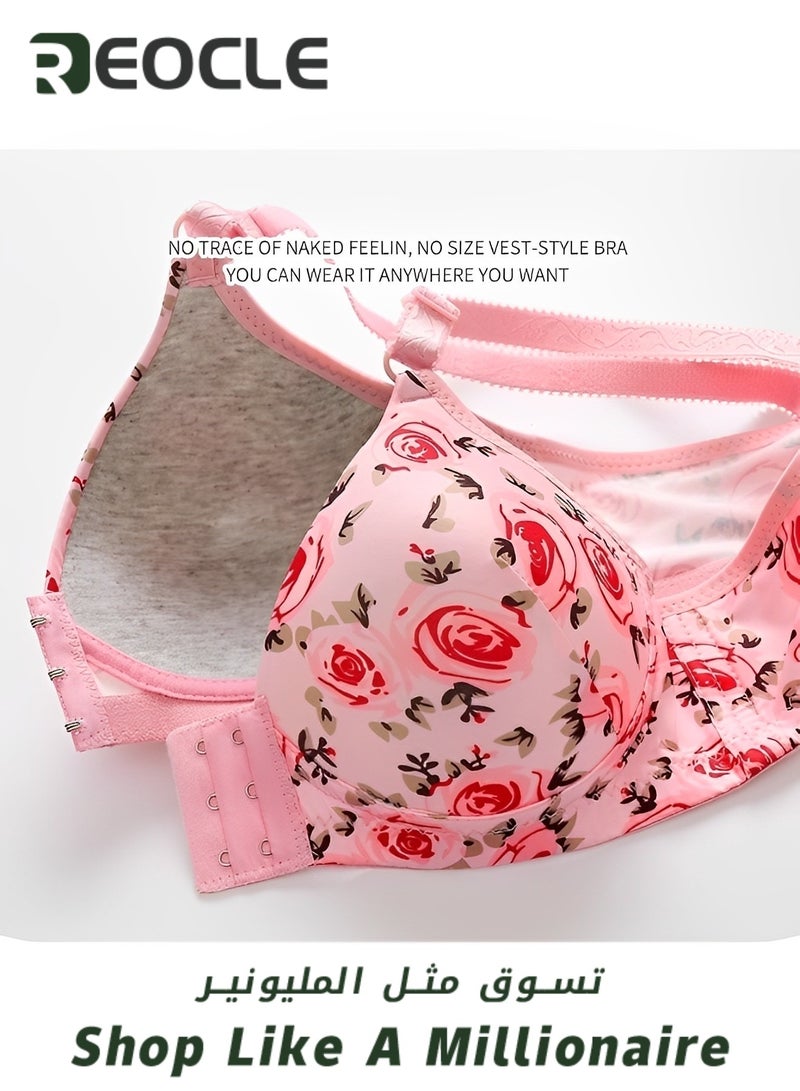REOCLE Women's Front Close Bra with Rose Print Wirefree Soft Cotton Bra Back Support Posture Full Coverage Bra for Women Daily Wear - Image 5