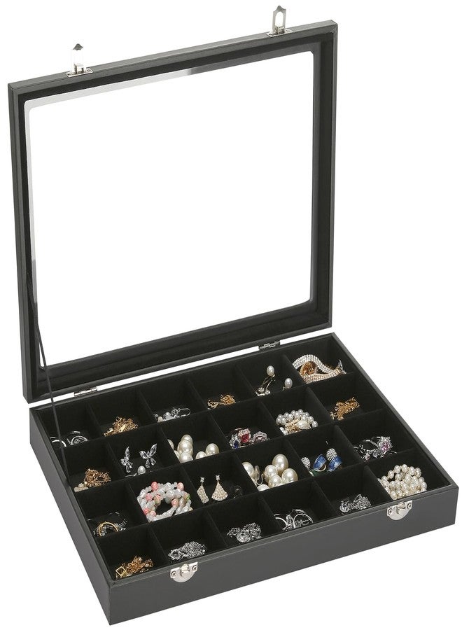 KUKUVR Velvet Jewelry Earring Organizer Tray Box, 24 Grids Ring Bracelet Necklace Brooches Pendants Bead storage Holder Case With Clear Lid for Women Gril for Home Shop Display (Black) - Image 1