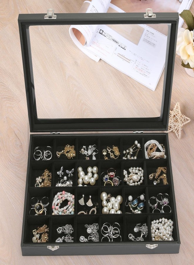 KUKUVR Velvet Jewelry Earring Organizer Tray Box, 24 Grids Ring Bracelet Necklace Brooches Pendants Bead storage Holder Case With Clear Lid for Women Gril for Home Shop Display (Black) - Image 4
