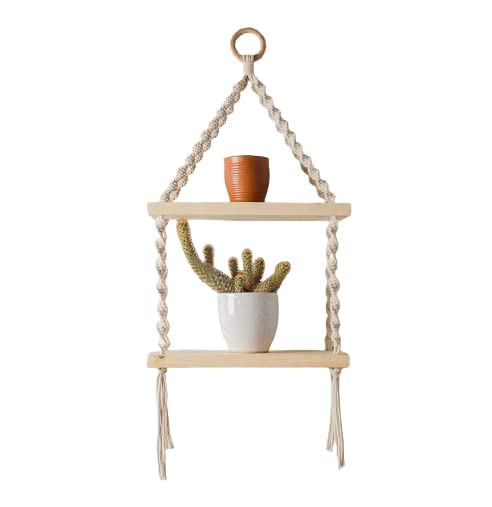wall hanging Macrame Decor Shelf 2Tier Wooden Floating Shelves Natural Boho Pine Storage Stylish Rack Multi Functional for Entryway Living RoomBedroomHomeOfficeKitchen L 68 x 30 WWhite - Image 1