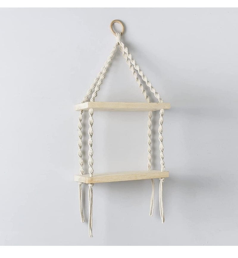 wall hanging Macrame Decor Shelf 2Tier Wooden Floating Shelves Natural Boho Pine Storage Stylish Rack Multi Functional for Entryway Living RoomBedroomHomeOfficeKitchen L 68 x 30 WWhite - Image 5