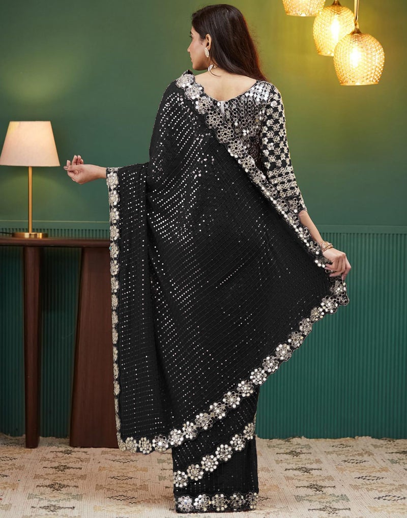 SIRIL Women's Georgette Sequence Embroidery Mirror Work Saree with Unstitched Blouse Piece(4215S389-Black) - Image 5