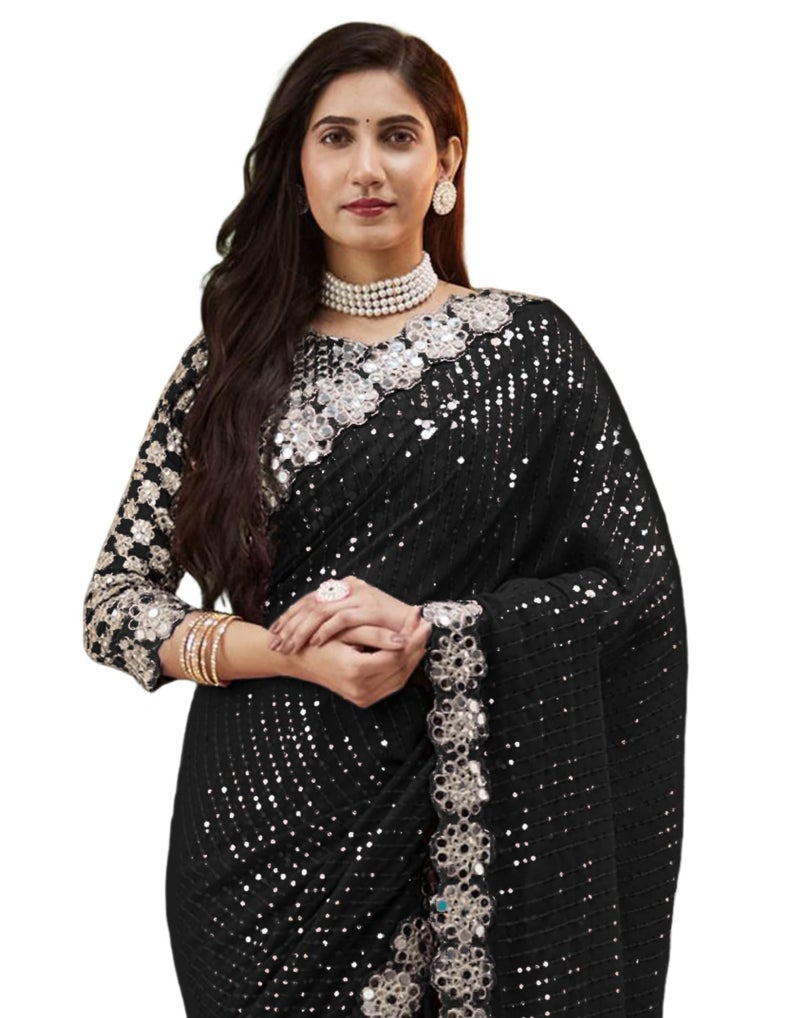 SIRIL Women's Georgette Sequence Embroidery Mirror Work Saree with Unstitched Blouse Piece(4215S389-Black) - Image 1