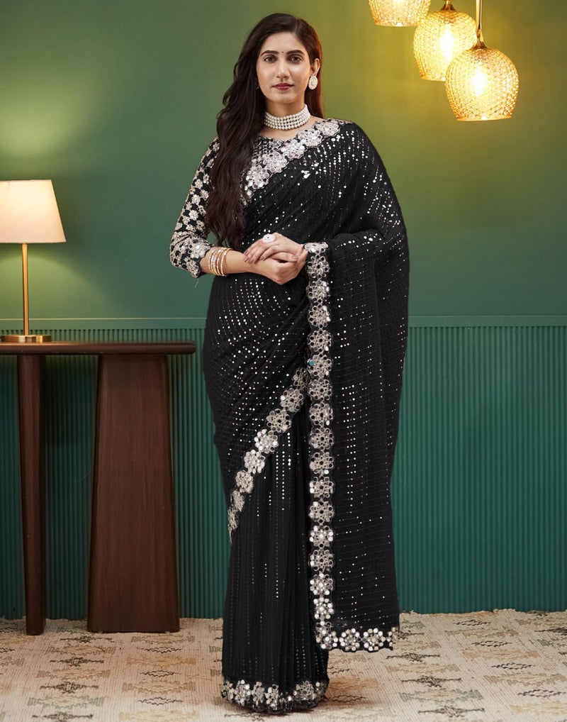 SIRIL Women's Georgette Sequence Embroidery Mirror Work Saree with Unstitched Blouse Piece(4215S389-Black) - Image 2