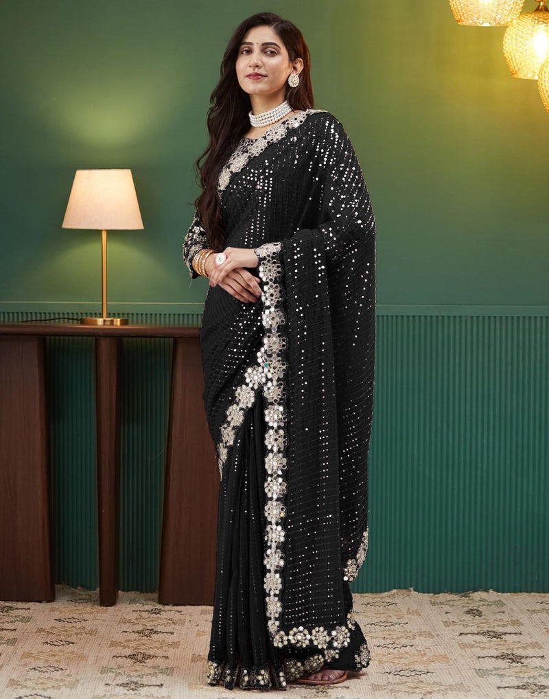SIRIL Women's Georgette Sequence Embroidery Mirror Work Saree with Unstitched Blouse Piece(4215S389-Black) - Image 3