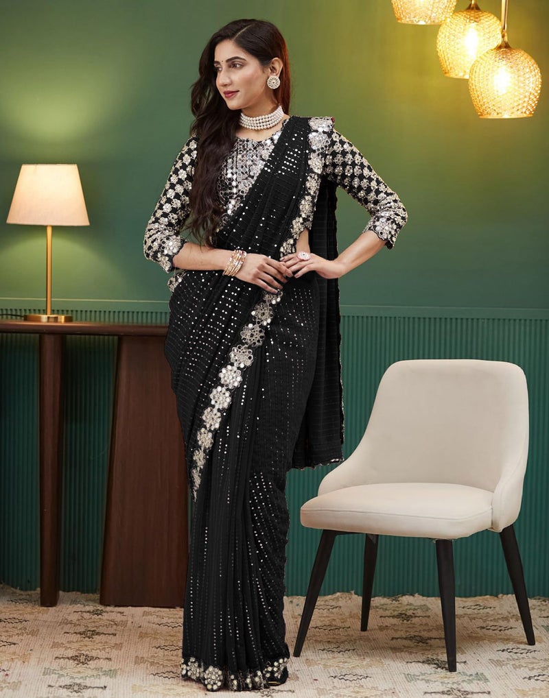 SIRIL Women's Georgette Sequence Embroidery Mirror Work Saree with Unstitched Blouse Piece(4215S389-Black) - Image 4